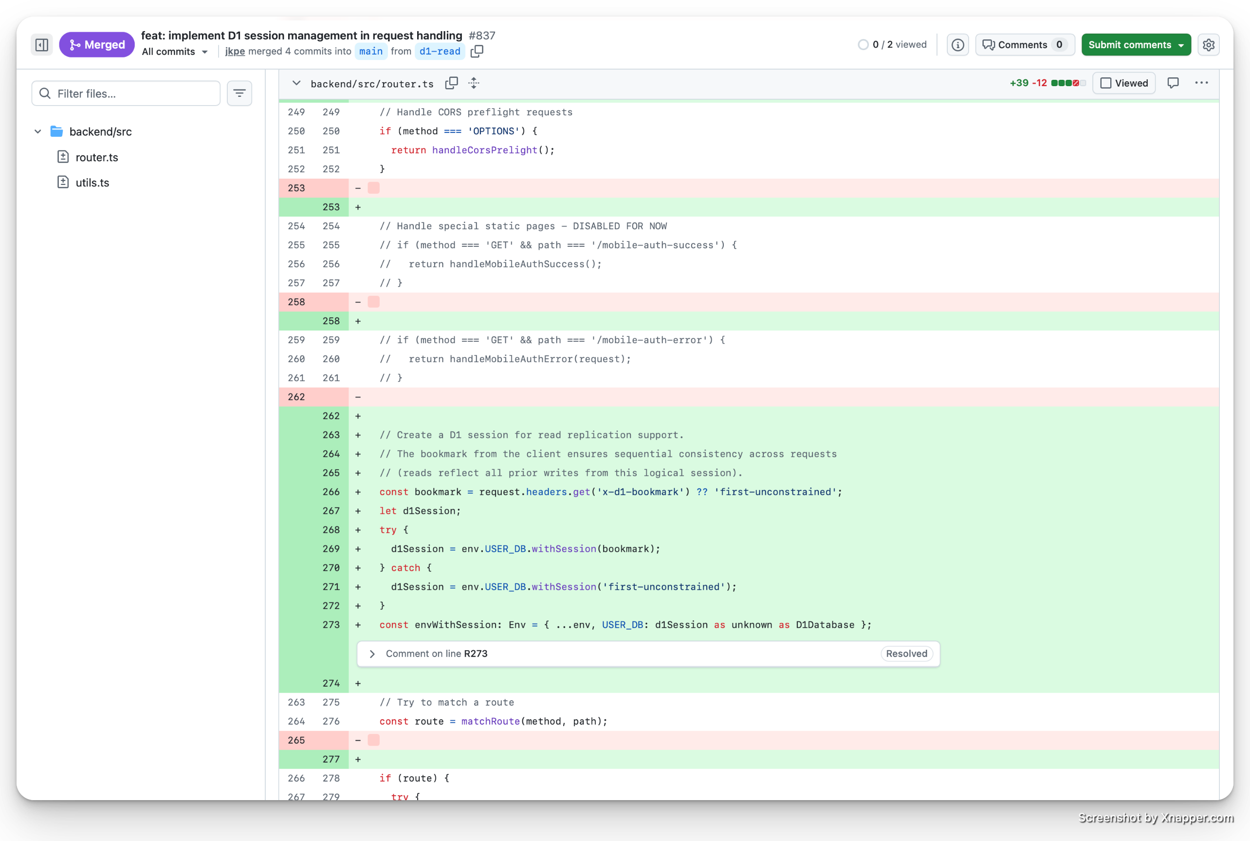 Sessions API code diff